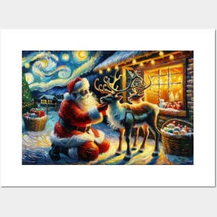 Santa & Reindeer Under Starry Skies - Van Gogh-Inspired Art Prints Posters and Art